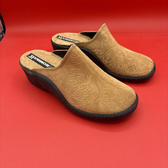 NEW ROMIKA Brown Leather Floral Design Slip On Mules Womans size 39/8 - Picture 3 of 7